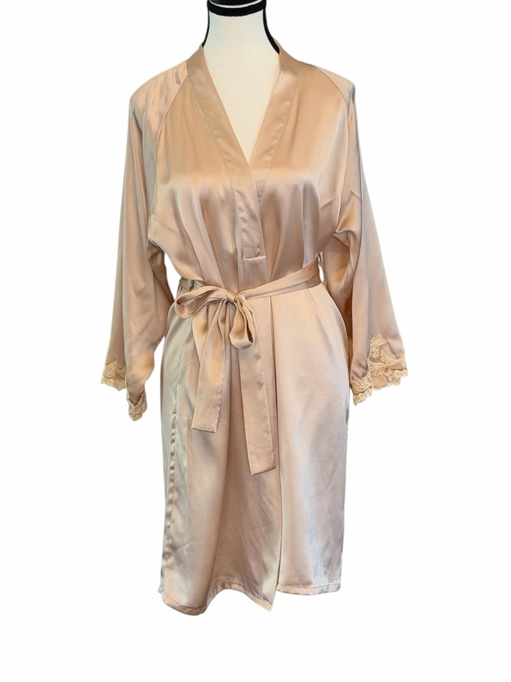 NWT SilkSilky 100% Mulberry Silk Lace Cuff Robe Blush Pink S